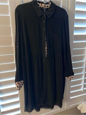 Tribal Black dress with Leopard-Print Trim